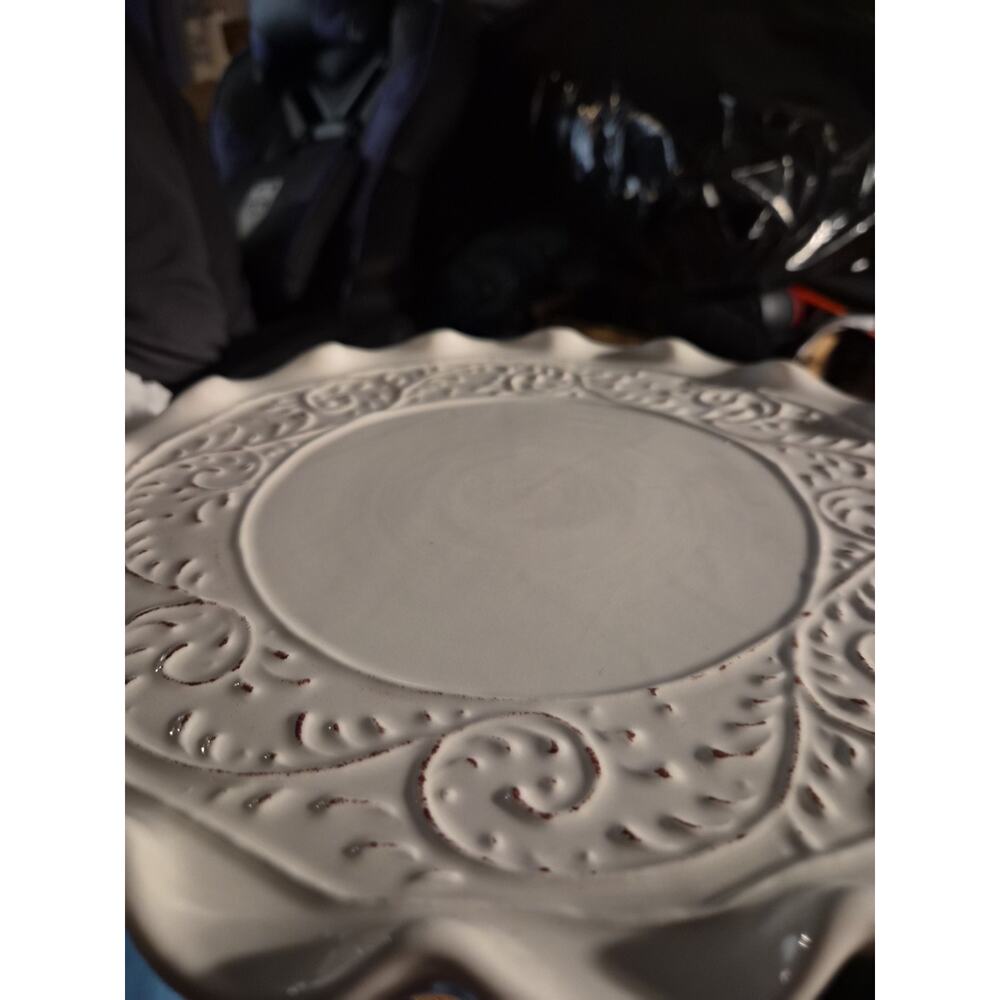 Maioliche James Ceramic Pedestal Cake Stand With Scroll Pattern On Edge...